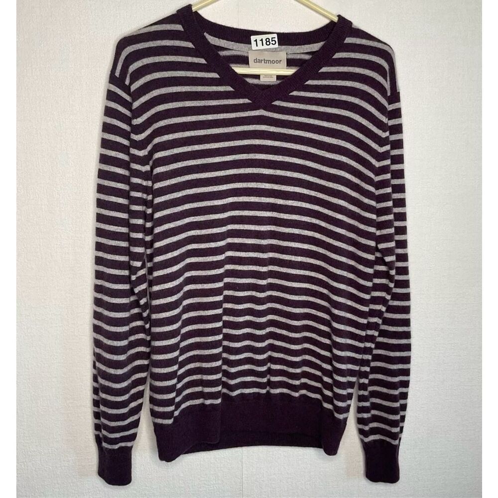 Dartmoor Cashmere Sweater Mens size L Purple Gray Striped V-neck Pullover Career